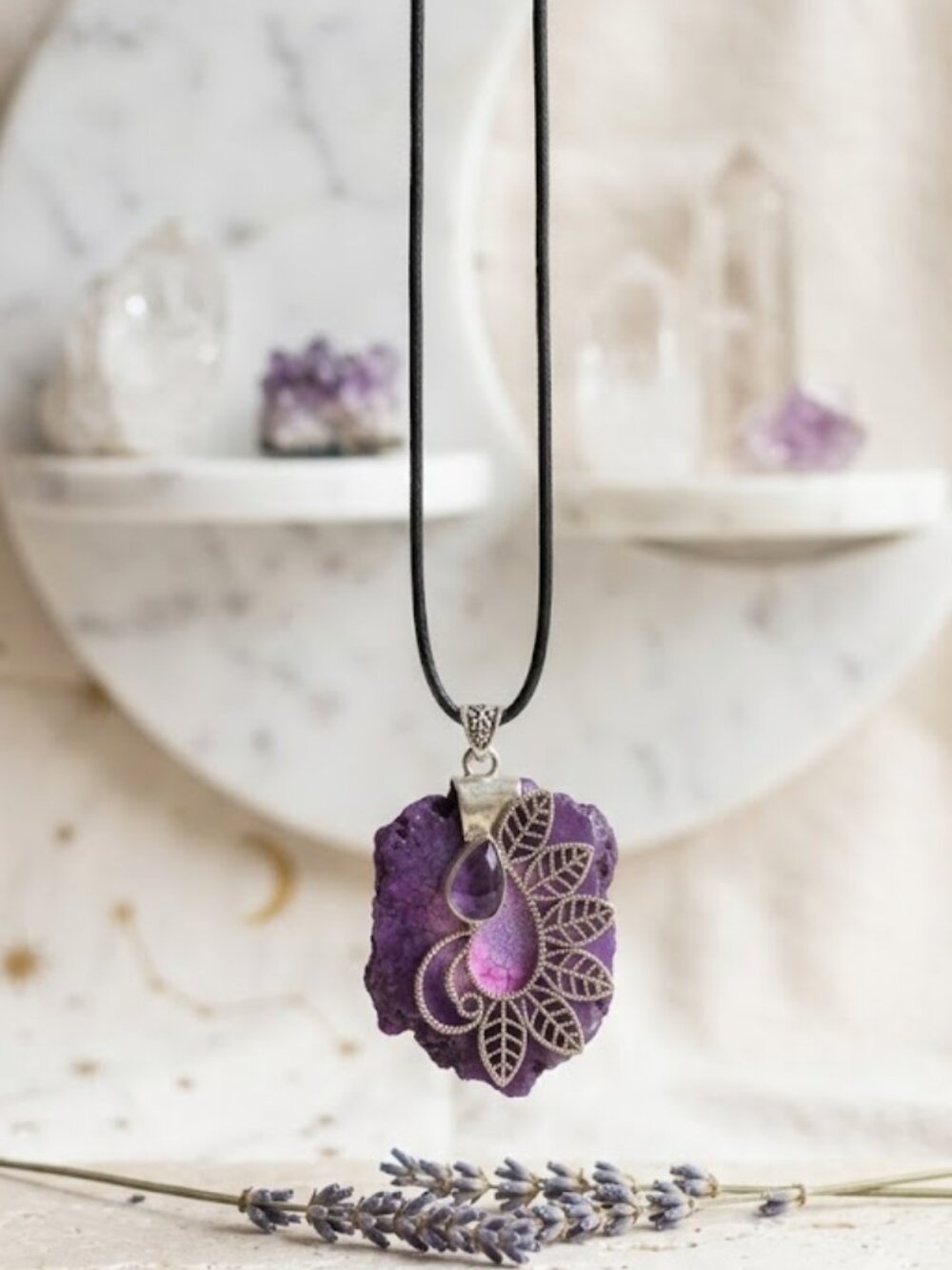 Artisan 925 Sterling Silver Raw Agate Amethyst Leaf Filigree Pendant 2.45" - Picture 15 of 16